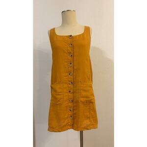 Lou & Grey Mustard Linen Button Front Dress Size M Sleeveless Pockets Minimalist